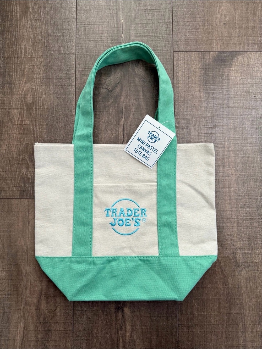 Trader Joe's Mini Canvas Tote Bag in Cream and Mint